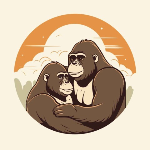 Gorilla family in front of the sun. Vector illustration.