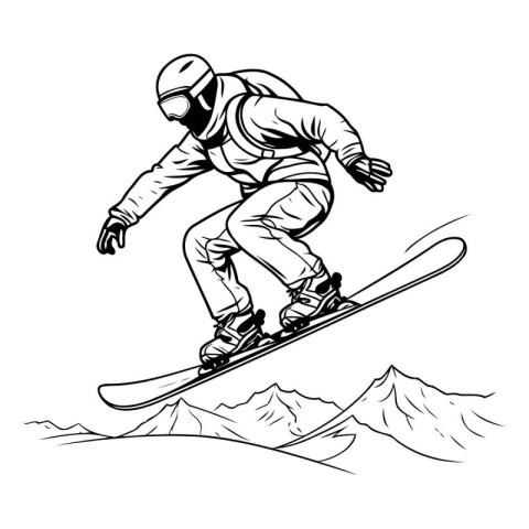 Snowboarder jumping in the mountains. Monochrome vector illustra