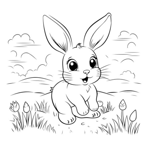 Rabbit in the meadow. Vector illustration for coloring book.