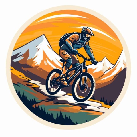 Mountain biker riding on the road in the mountains. vector illus