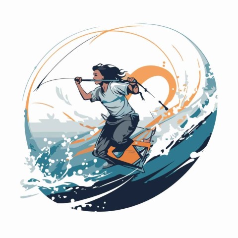 Water sport - kitesurfer on the waves. Vector illustration.