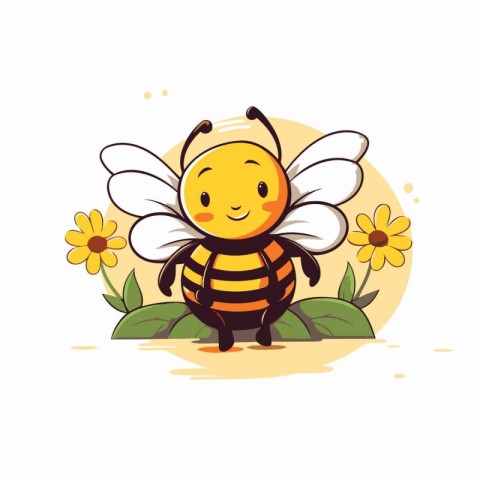 Cute cartoon bee with flowers on white background. Vector illust