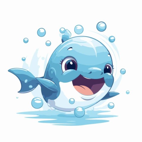 Cute cartoon blue whale swimming in the water. Vector illustrati