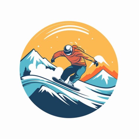 Snowboarder jumping on a snowboard in the mountains. Vector illu