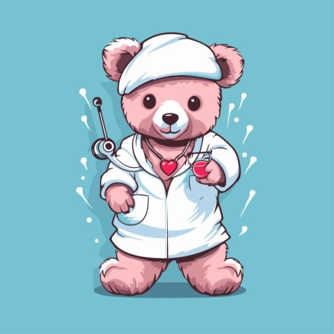 Cute cartoon bear doctor with stethoscope. Vector illustration.