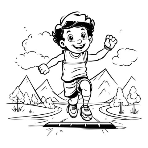 Boy running on the road. Black and white vector illustration for