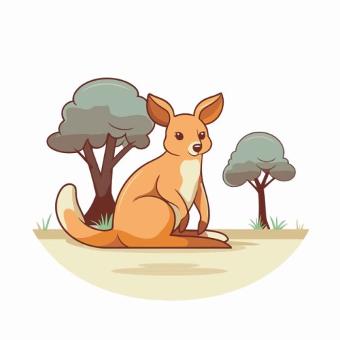 Kangaroo sitting on the ground in the forest. Vector illustratio