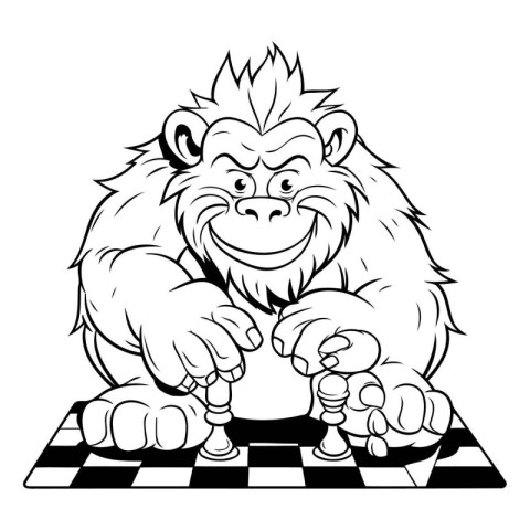 Black and White Cartoon Illustration of Lion Chess Board Mascot