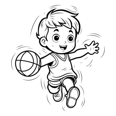 Cartoon boy playing basketball - black and white vector illustra