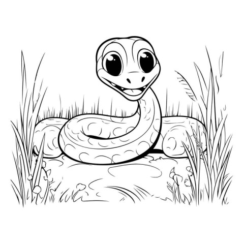 Cute cartoon snake sitting on a rock. Vector illustration for co