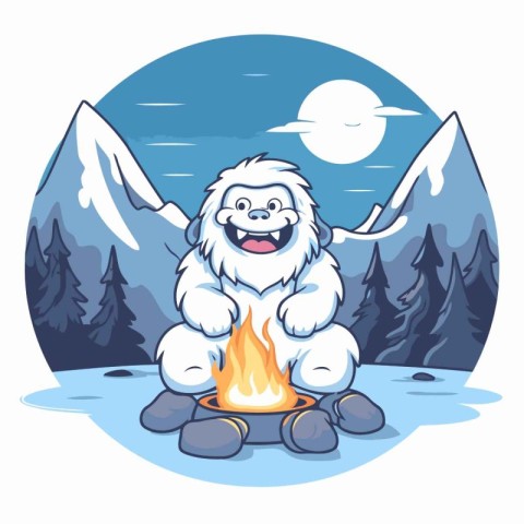 Vector illustration of a cartoon polar bear with a bonfire in th