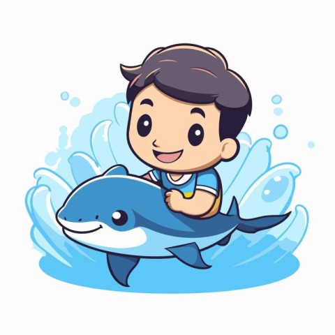 Boy and shark cartoon vector illustration. Cute little boy swimm