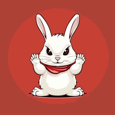 Cute cartoon white rabbit on red background. Vector illustration