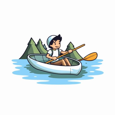 Cute boy rowing a canoe in the lake. Vector illustration