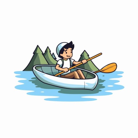 Cute boy rowing a canoe in the lake. Vector illustration