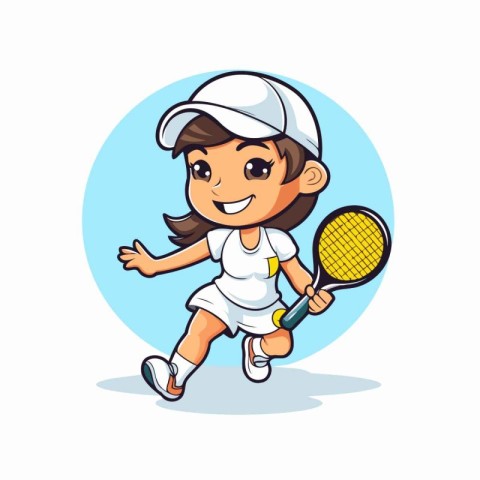 Cute little girl playing tennis. Cartoon vector illustration iso