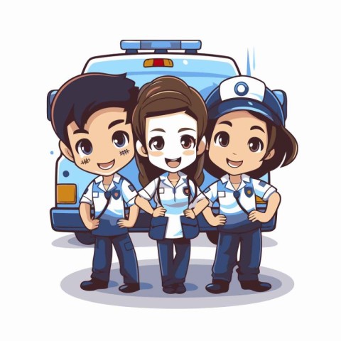 Cute kids in police uniform with police car vector illustration