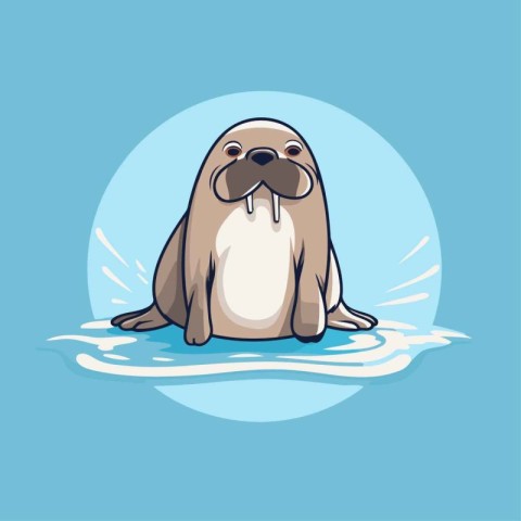 Vector illustration of a cute cartoon walrus sitting on the sea