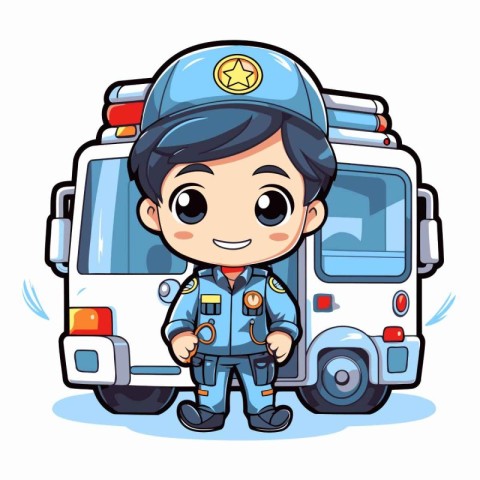 Vector illustration of Cute Cartoon Police Officer with Ambulanc