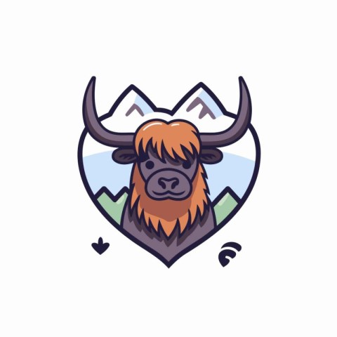 Yak head in the shape of a heart with mountains. Vector illustra