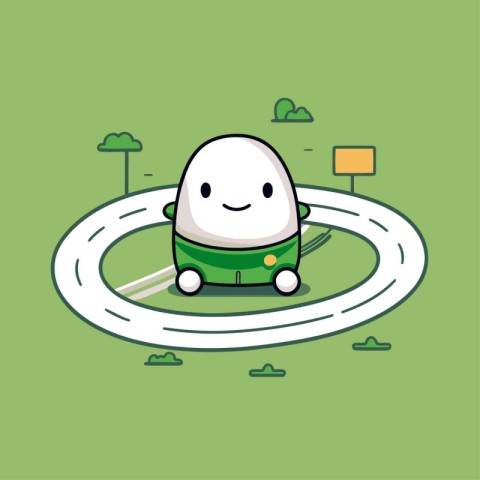 Cute cartoon egg riding a green car on the road. Vector illustra