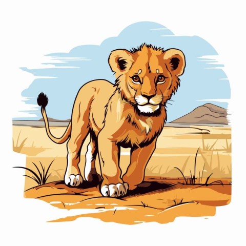 Lion in the savannah. sketch for your design. Vector illustratio