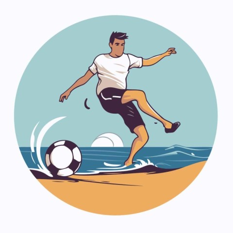 Soccer player with ball on the beach. Vector illustration in ret