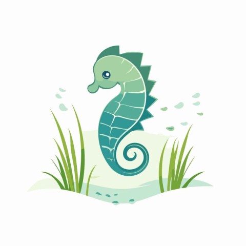 Cute cartoon seahorse in the grass. Vector illustration.