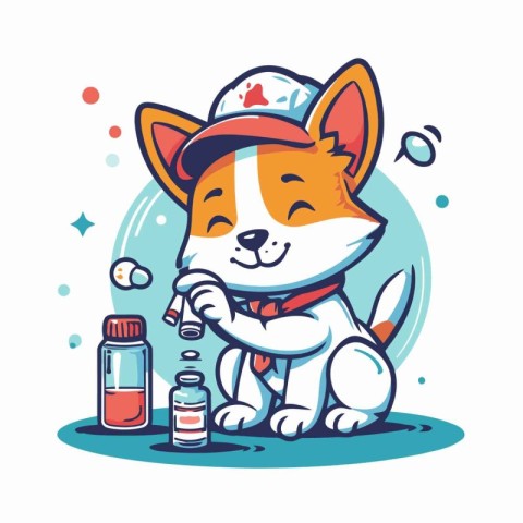 Cute cartoon dog with a bottle of medicine. Vector illustration.