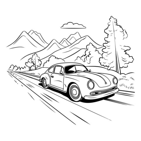 Retro car on the road in the mountains. Vector illustration.