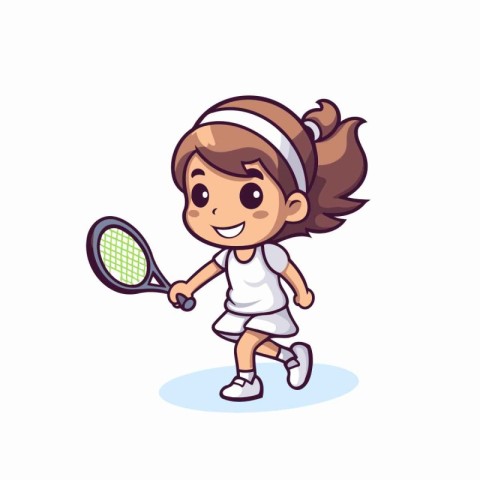 Cute little girl playing tennis. Cartoon vector illustration iso