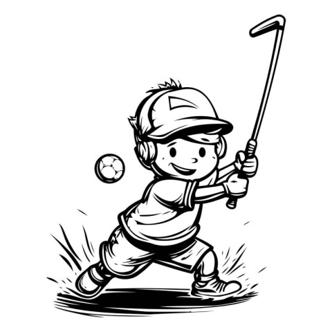 Illustration of a boy playing golf with a stick and a ball