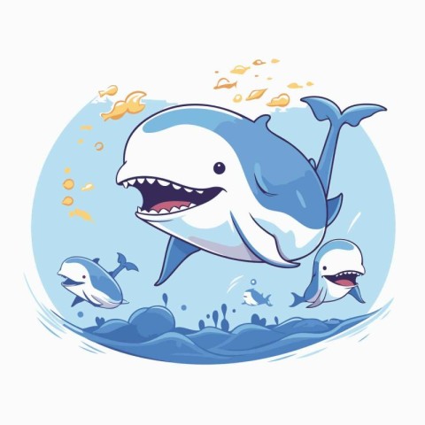 Cute cartoon shark jumping out of the water. Vector illustration