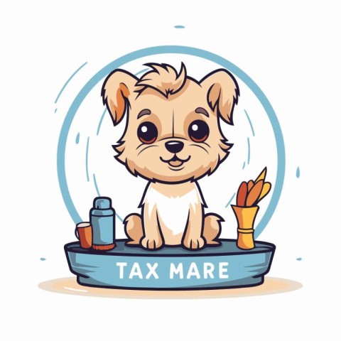 Cute cartoon dog sitting in a glass bowl. Vector illustration.