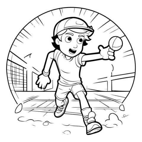 Black and White Cartoon Illustration of Kid Playing Basketball o