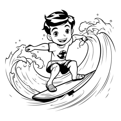 Boy surfing on a wave. black and white vector cartoon illustrati