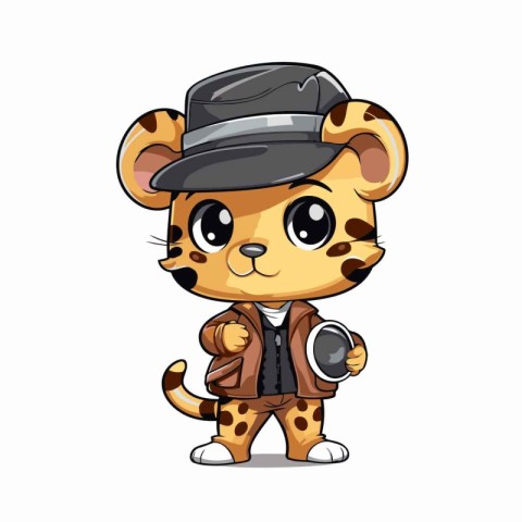 Cute leopard in a hat and leather jacket. Vector illustration