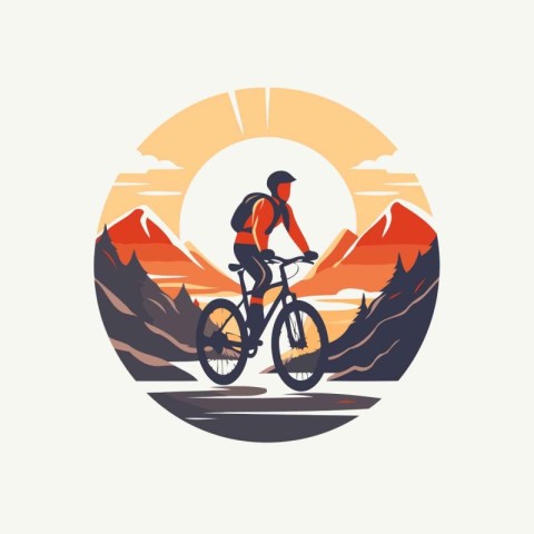 Mountain biker at sunset in the mountains. Vector illustration.