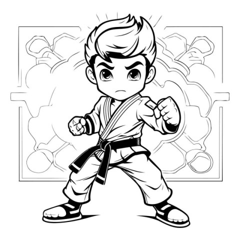 Karate boy. Black and white vector illustration for coloring boo