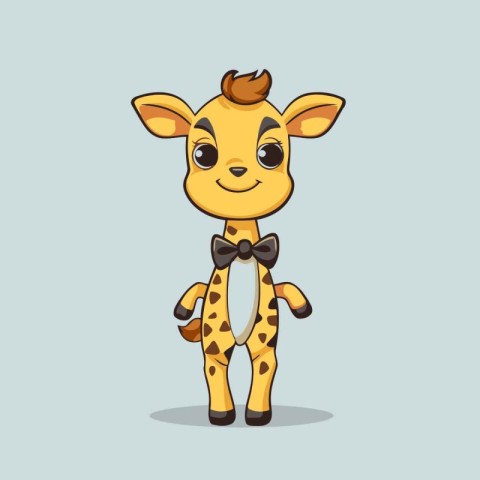 Cute cartoon giraffe with bow tie. Vector illustration on gray b