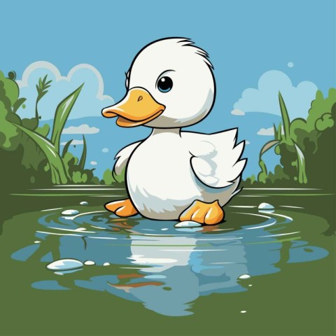 Vector illustration of a cute duck in the water. Cartoon style.