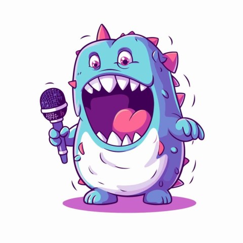 Cute cartoon monster singing karaoke with microphone. Vector ill