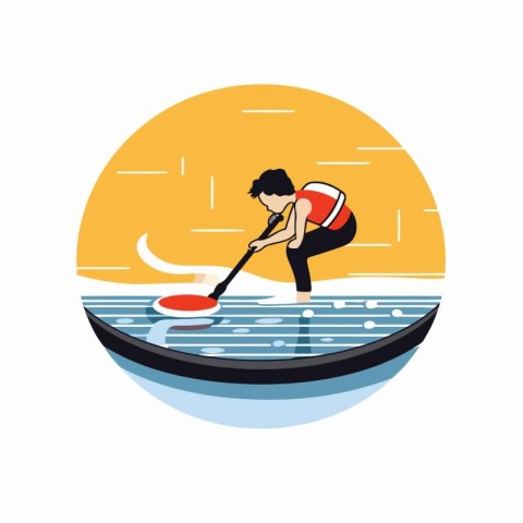 Young man rowing on a paddle board. Flat style vector illustrati