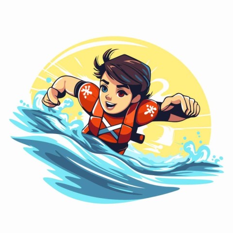 Cartoon man in a life jacket surfing on the waves. Vector illust