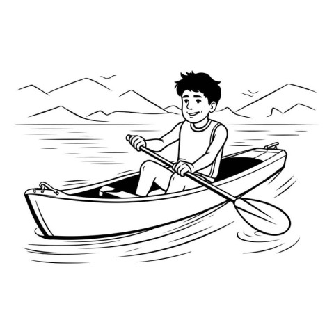 Teenager boy rowing boat in the sea. Vector illustration.