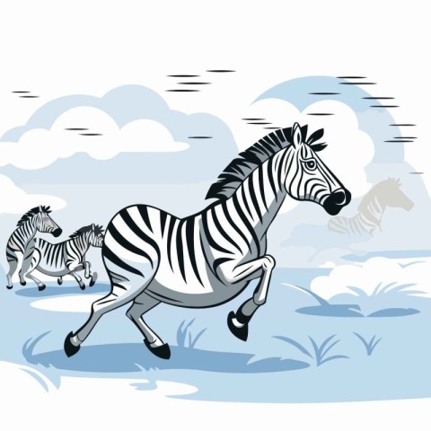 Vector illustration of a zebra running in the field with many ze