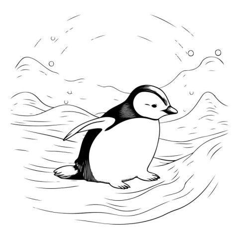 Cartoon penguin on the sea. Black and white vector illustration.