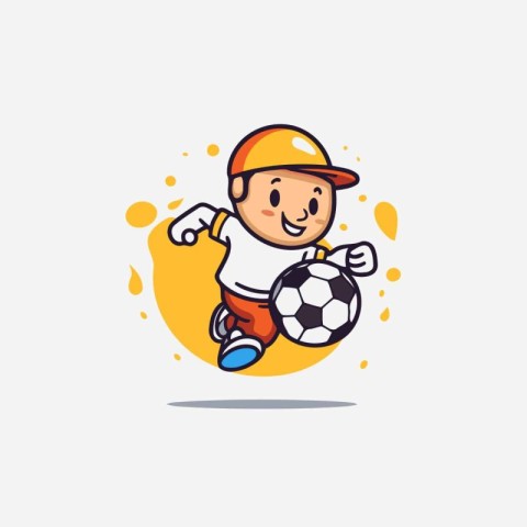 Cute little boy playing soccer. Vector illustration in cartoon s