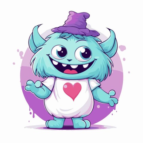 Funny cartoon monster with horns and a heart. Vector illustratio