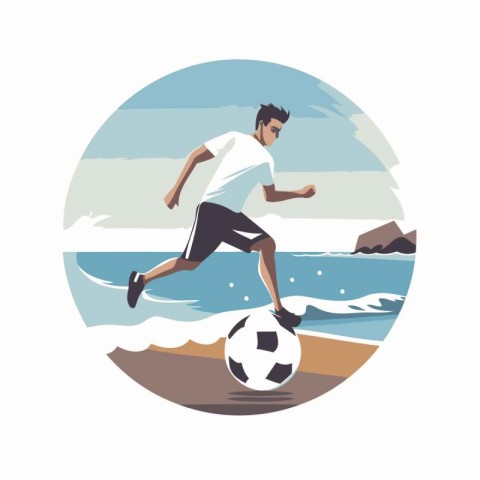 Soccer player with ball on a beach. Vector illustration in retro